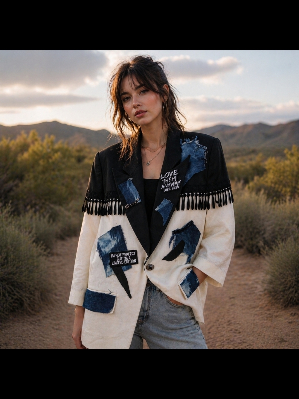 Fringed Two-Tone Patchwork Blazer - Black & White with Denim Accents